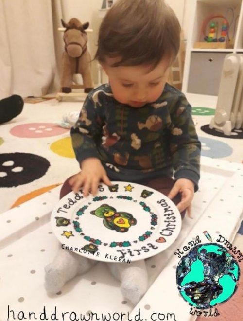 Baby Occasion Plate ~ Large decorative dinner plate for a special occasion such as First Christmas or Christening from Charlotte Kleban & Hand Drawn World, Hand drawn & hand made. Great gift ideas